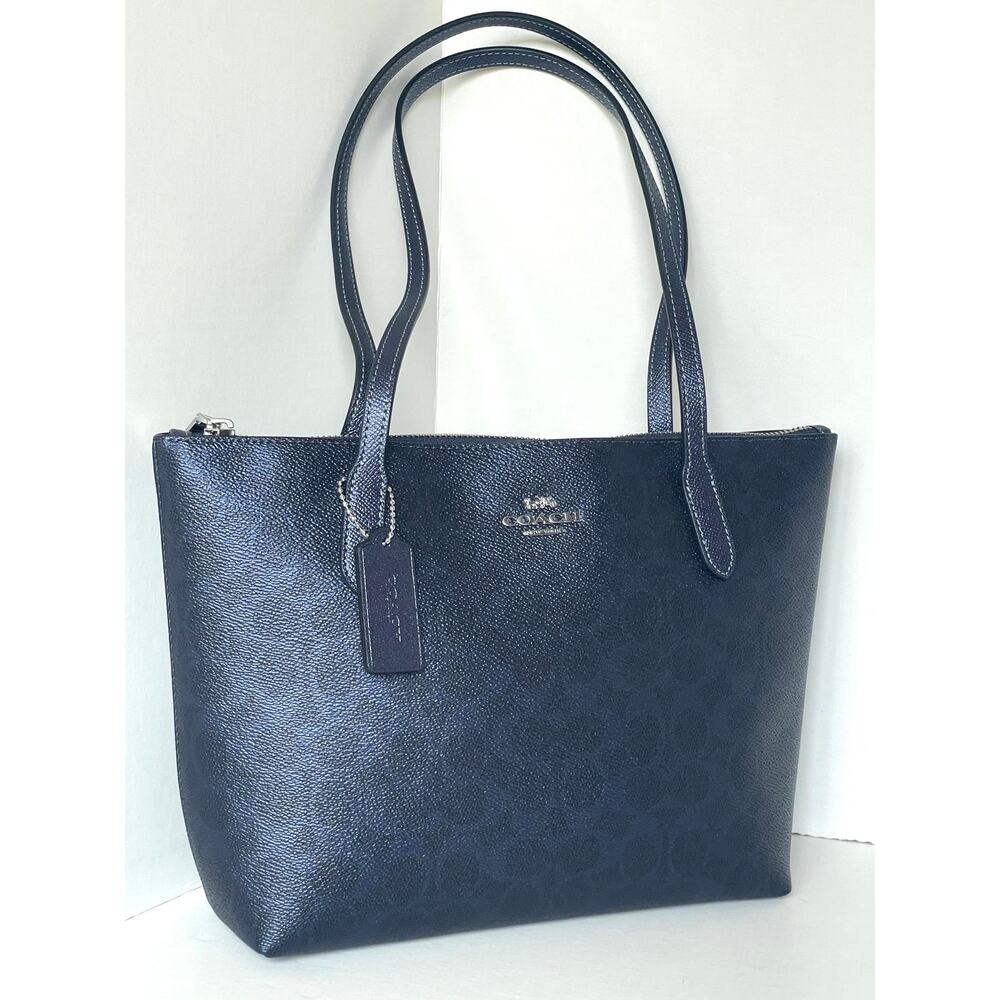 Coach Fiona Zip Tote CW396 Blue Pearlized Leather Canvas Medium - Picture 3 of 13
